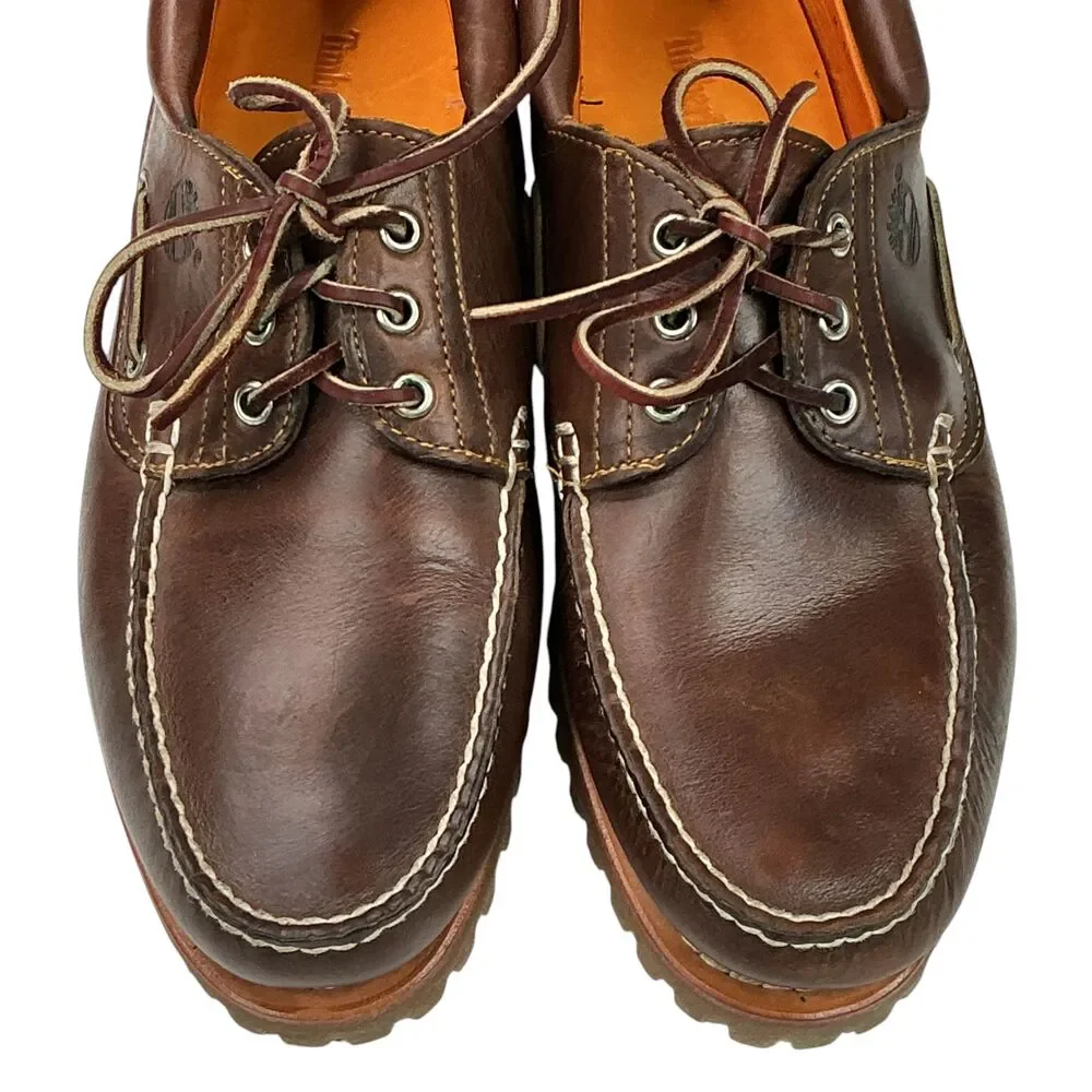 Timberland 3-Eye Lug Boat Shoes Brown Full Grain Leather Mens Size 11 M Handsewn